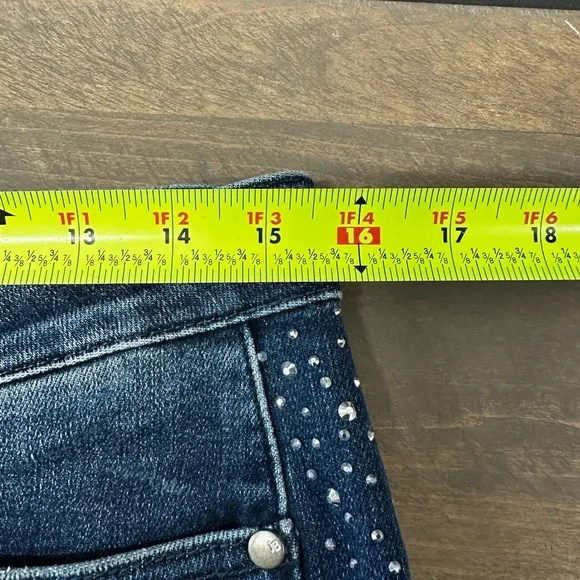 Judy Blue Women’s Dark Blue Flare Fit Jeans with Rhinestone Accents & Raw Hem - Picture 9 of 13